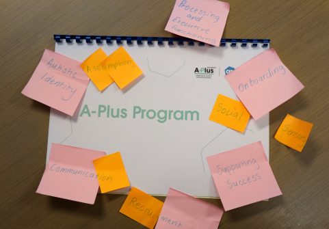 Image of the A-Plus Open Program learning documentation with sticky notes reflecting neuroinclusion principles pasted over it.