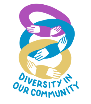 Three arms linking graphic in different colours with the text ' Diversity in our community' underneath.